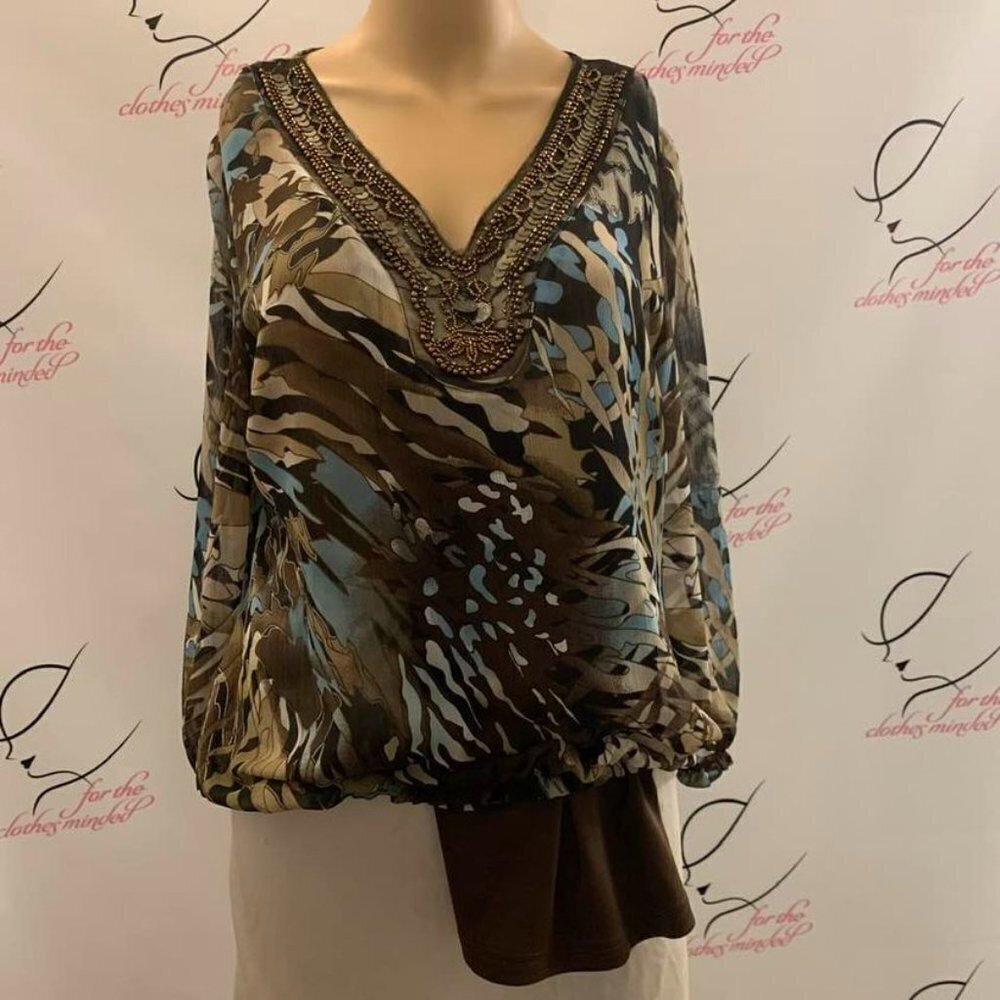 New Directions. Size M. Embellished Beaded Blouson Lined Semi Sheer Top. B55